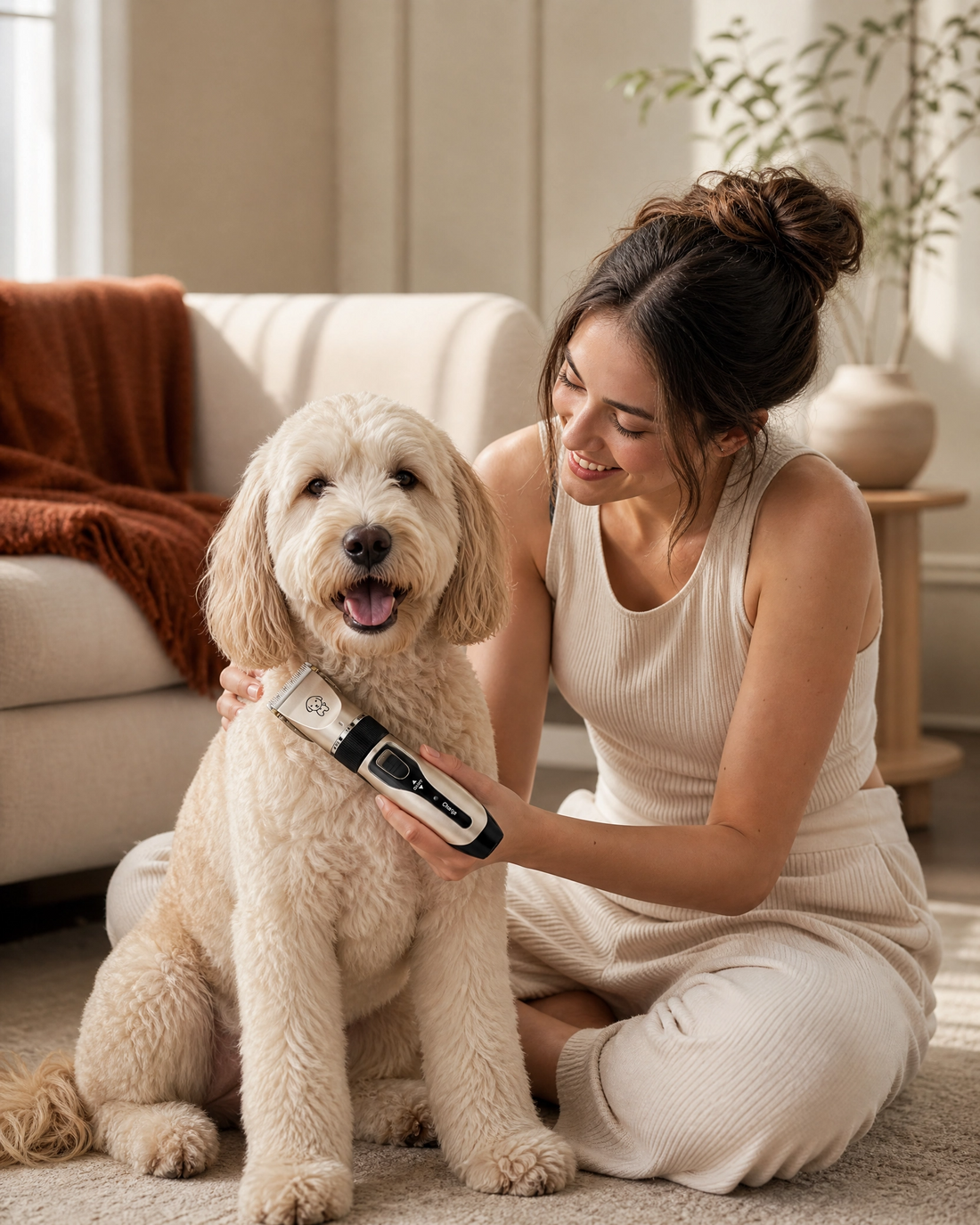 Woman calmly grooming her dog at home