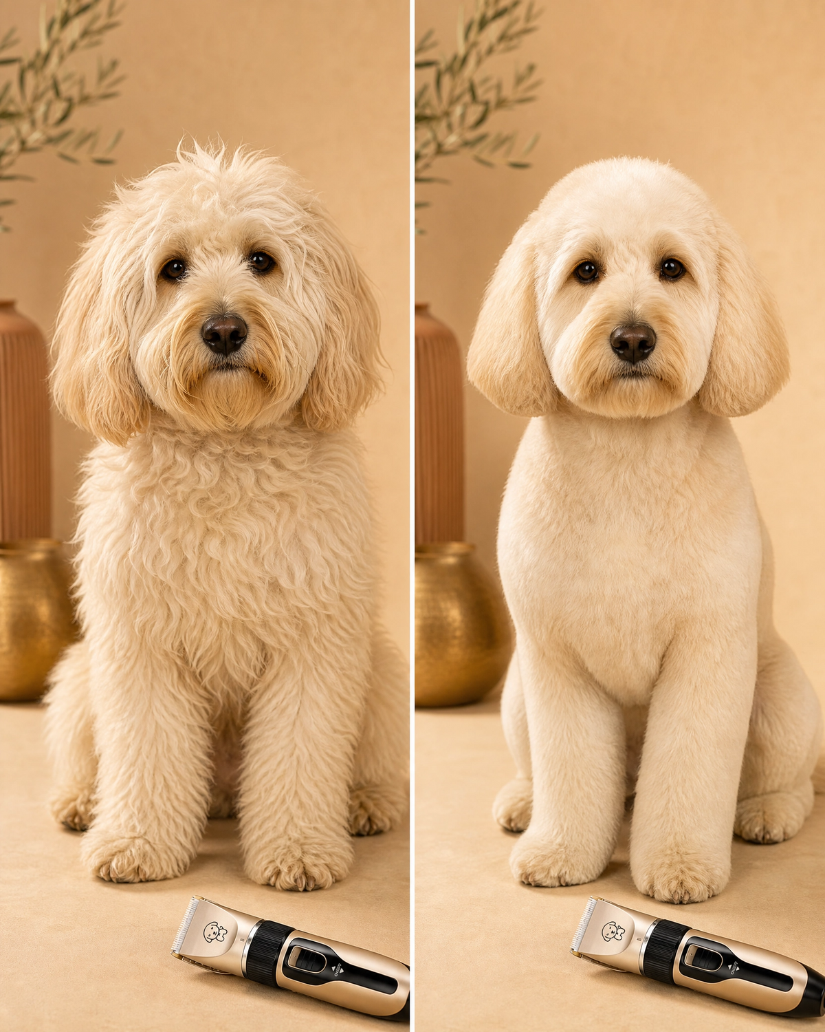 Dog before and after grooming with the PACKYRA clipper