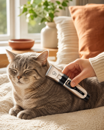 Calm gray tabby cat being gently groomed with the PACKYRA clipper