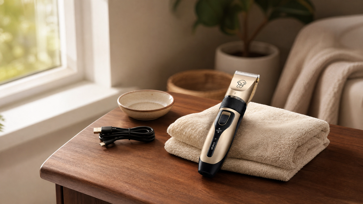 PACKYRA cordless clipper resting on a cream towel near a sunlit window