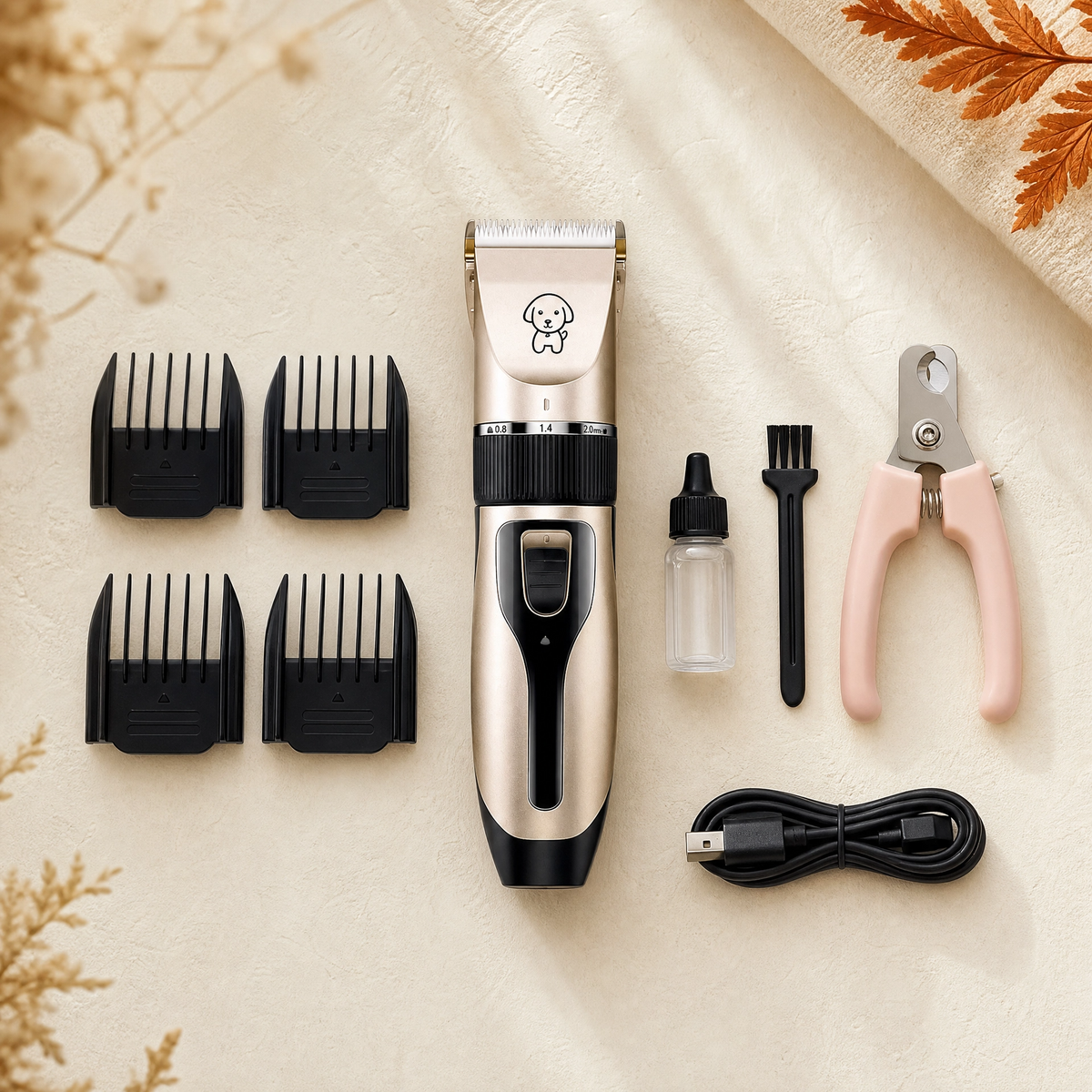 Flat lay of the full PACKYRA grooming kit — clipper, combs, oil, brush, nail clippers