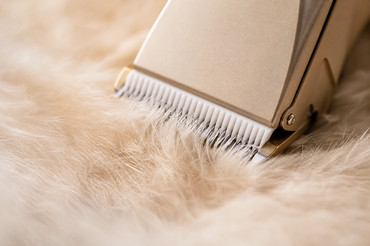 Close-up of the PACKYRA ceramic blade gliding through thick dog fur