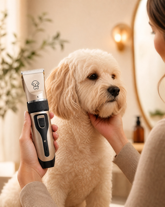 Woman gently grooming a fluffy cream dog with the PACKYRA cordless clipper